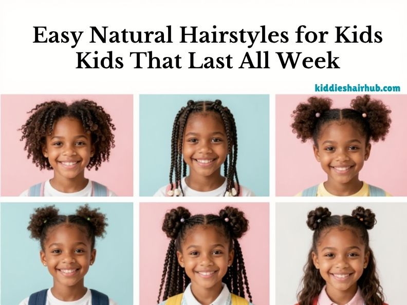 Collage-of-easy-natural-hairstyles-for-kids,-including-twists,-cornrows,-puffs,-and-braids